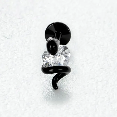 Retro Snake Zirconia Heart Titanium Steel Cartilage Stud Earring Internally Threaded Labret Black Punk Jewelry For Women