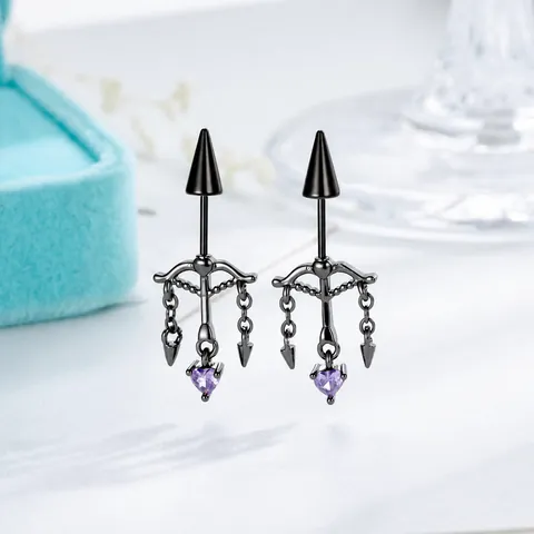 Gothic Titaniumstaal Hart Pijl Piercing Oorbellen Unisex Paars Zirconia Spike Kwastje Ketting Oorkraakbeen Sieraden Punk