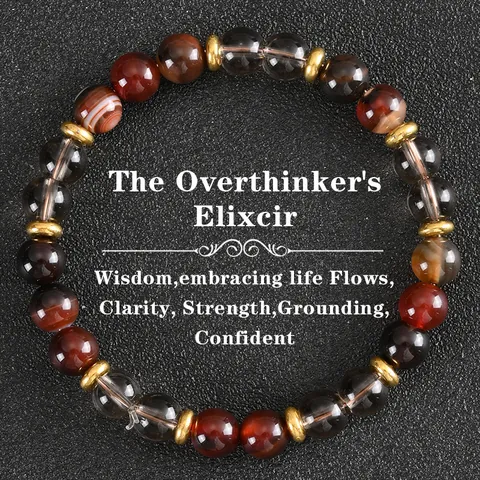Bracelet Perlé Fait Main Avec Quartz Fumé et Agate Café Perles Rondes en Pierre Naturelle pour Femme Homme Bijoux Brun