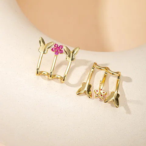 Butterfly Flower Copper Stud Earrings Synthetic Ruby Zirconia Gold Silver Plated Elegant Fashion Jewelry For Women Gift