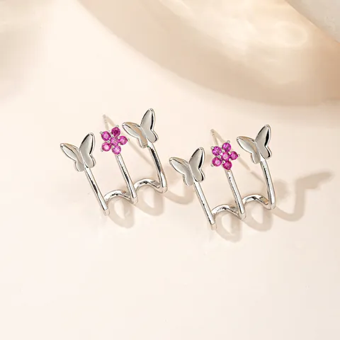 Butterfly Flower Copper Stud Earrings Synthetic Ruby Zirconia Gold Silver Plated Elegant Fashion Jewelry For Women Gift