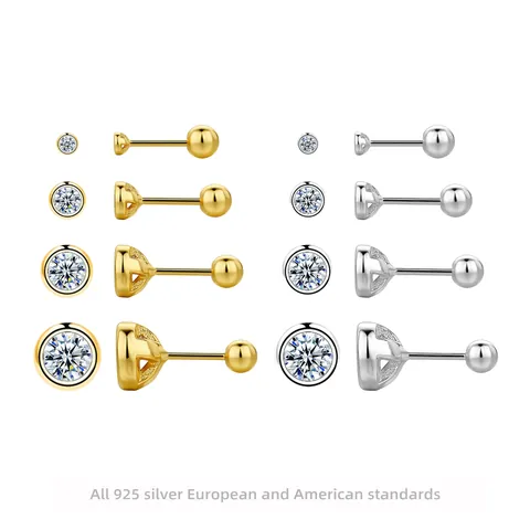 Boucles d'Oreilles Puces en Argent Sterling 925 avec Zirconia pour Femmes Petites Sertissage Clos Rond CZ Fermoir à Vis Bijoux de Mode