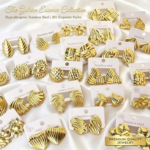 Vintage Stainless Steel Geometric Stud Earrings For Women Gold Silver Plated Hammered Flower Heart Leaf Wave Fan Textured Jewelry