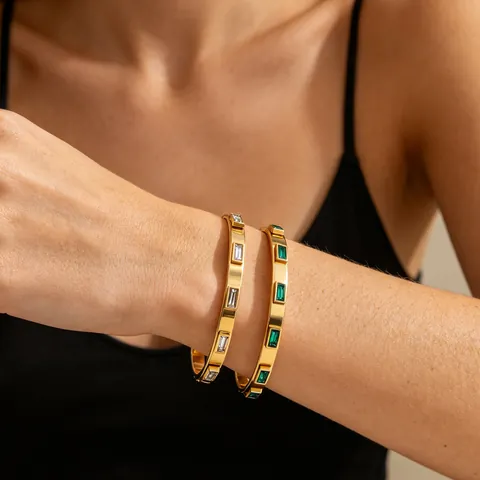 Minimalist Stainless Steel Gold Plated Bangle For Women Baguette Cut Green White Rhinestone Geometric Bangle Jewelry Bracelet