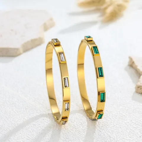 Minimalist Stainless Steel Gold Plated Bangle For Women Baguette Cut Green White Rhinestone Geometric Bangle Jewelry Bracelet