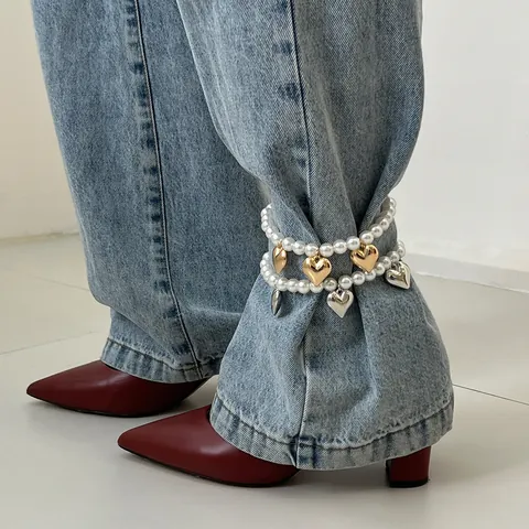 Cadena de Pantalones Elástica de Cuentas de Perlas Artificiales de Imitación Con Colgante de Corazón y Cruz Tobillera de Moda para Mujer