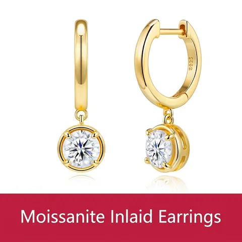 Boucles d'Oreilles Créoles en Argent Sterling S925 Moissanite Couleur D 1CT Coupe Ronde Plaqué Or Bijoux Élégants Femmes