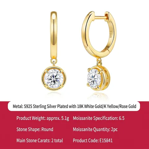 Boucles d'Oreilles Créoles en Argent Sterling S925 Moissanite Couleur D 1CT Coupe Ronde Plaqué Or Bijoux Élégants Femmes