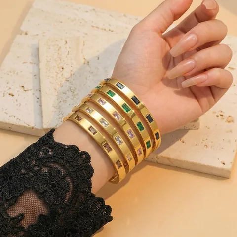 Vintage Stainless Steel Gold Bangle For Women Luxury Rectangle Colorful Zirconia Inlaid Hinged Bracelet Fashion Jewelry Gift