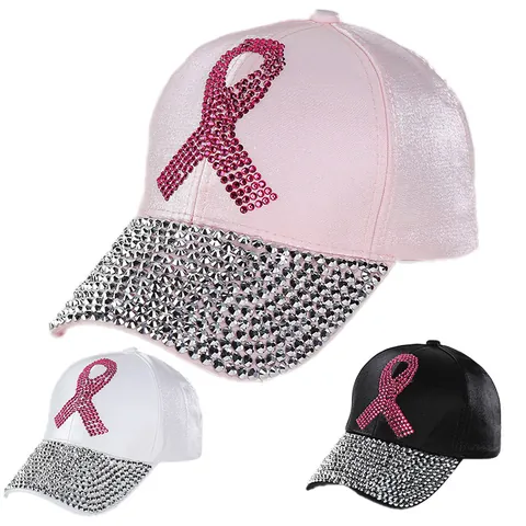 Women Fashion Satin Baseball Cap Rhinestone Pink Ribbon Breast Cancer Awareness Adjustable Polyester Sun Hat For Outdoor Casual