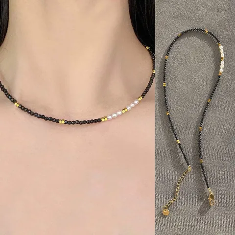 Titanium Staal 18K Vergulde Zwarte Spinel Zoetwaterparel Kralen Choker Ketting Voor Vrouwen Minimalistische Sieraden