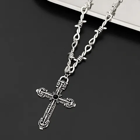Collar de Cadena de Alambre de Púas Gótico para Mujer Aleación Plata Antigua Colgante Mariposa Cruz Joyería Punk Grunge Regalo