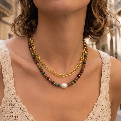 Collar Multicapa Hecho a Mano de Cobre Chapado en Oro de 18K con Cuentas de Turmalina Mixta y Gran Perla Barroca de Agua Dulce