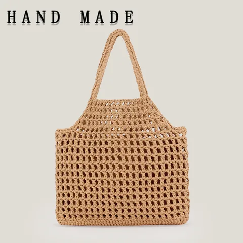 Handgefertigte Gewebte Baumwollfaden Netztragetasche Für Damen Sommerurlaub Aushöhlen Mori Stil Literarische Handtasche Mit Innentasche