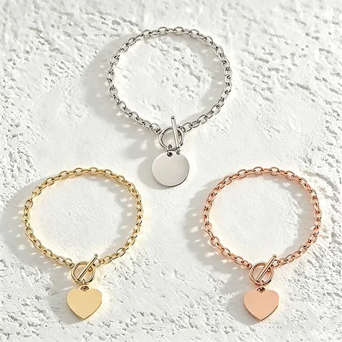 Minimalist Stainless Steel Heart Round Blank Charm Bracelet For Women Toggle Clasp Link Chain Fashion Daily Jewelry