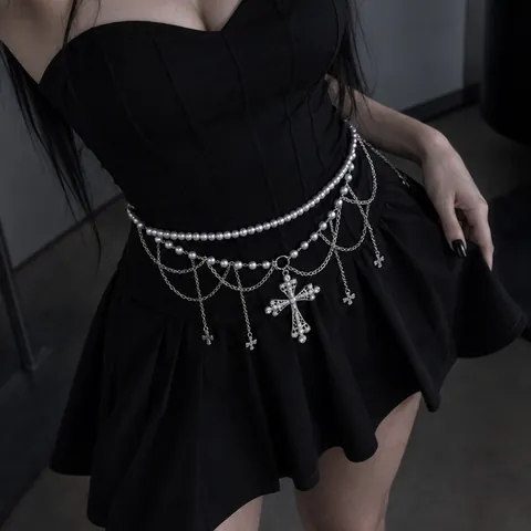 Vintage Gothic Meerlaagse Tailleketting Legering Strass Kruis Hanger Kwastjes Voor Vrouwen Kunstparel Lichaamsketting Sieraden