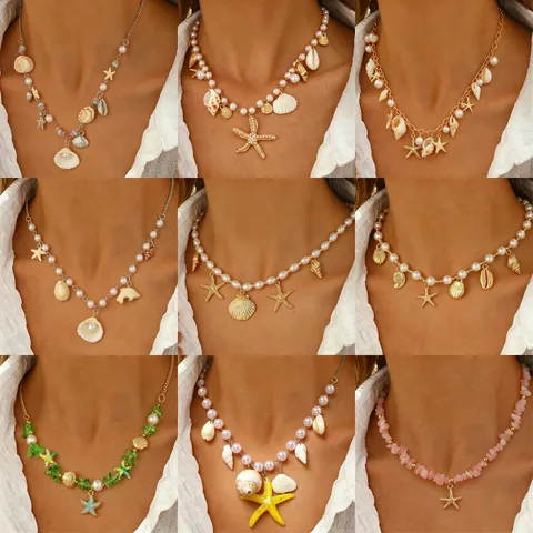 Collana da Spiaggia Regolabile Bohemian Tema Oceano Stella Marina Conchiglia Pendente Perline Artificiali per Donna Oro Bianco Estate Gioielli