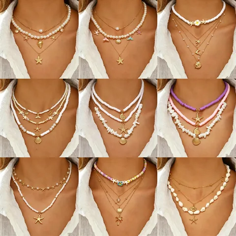 Collana da Spiaggia Regolabile Bohemian Tema Oceano Stella Marina Conchiglia Pendente Perline Artificiali per Donna Oro Bianco Estate Gioielli