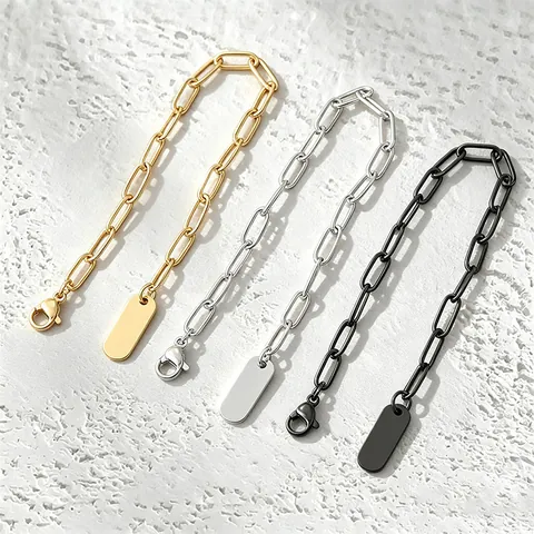 Bracciale a Graffetta in Acciaio Inossidabile per Donna Hip Hop Pendaglio Ovale Bianco Incidibile Bracciale a Catena Gioielli Regalo