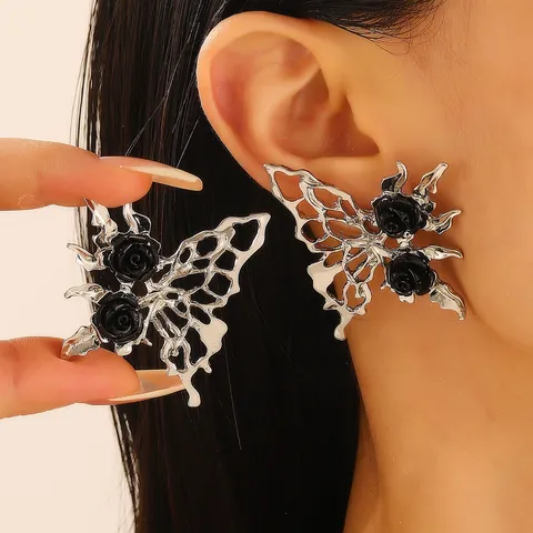 Gothic Black Rose Hollow Butterfly Earrings Ring Brooch Alloy Jewelry Women Cool Dark Style Metal Jewelry Accessories