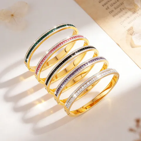 Bracelet Jonc en Acier Inoxydable Zircon pour Femmes Plaqué Or Émail Rangée de Diamants Bracelet de Luxe Ciel Étoilé Bijoux