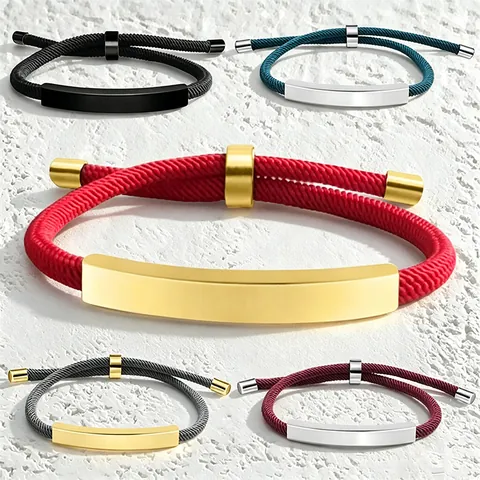 Minimalist Adjustable Braided Rope Bracelet With Stainless Steel Polished Metal Bar For Men Women Unisex Jewelry Gift