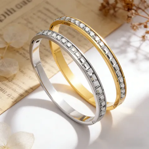 Stainless Steel Zirconia Bangle Gold Silver Plated Single Row Luxury Jewelry For Women Daily Wear Banquet Party Accessory