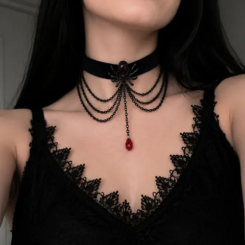 Gothic Spider Choker Necklace Red Rhinestone Velvet Collar Retro Punk Spider Ring For Women Halloween Fashion Jewelry