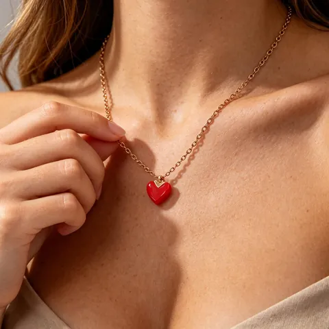 Women Stainless Steel Heart Pendant Necklace Red Enamel Drip Oil Heart Clavicle Chain Minimalist Jewelry Gift For Her