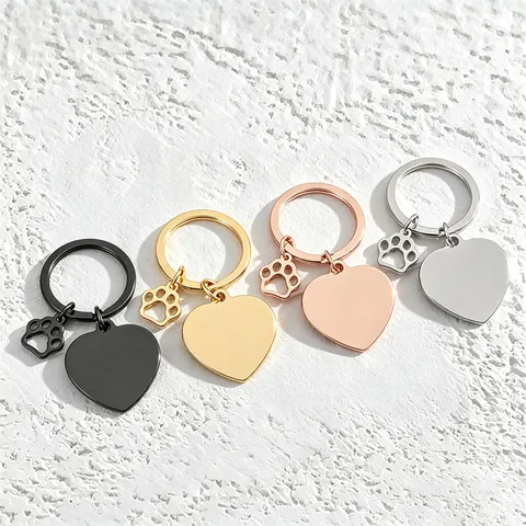 Stainless Steel Keychain Blank Heart Dog Paw Print Tag Engravable Mirror Polished Metal Keychain For DIY Memorial Gift