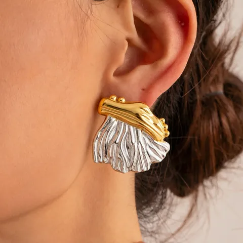 Stainless Steel Two Tone Geometric Earrings For Women Vintage Abstract Pleated Texture 18K Gold Plated Stud Earrings Jewelry