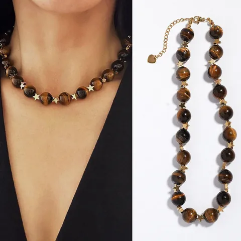 Retro Natuurlijke Tijgeroogsteen Kralenketting Voor Vrouwen Titanium Staal 18K Verguld Hart Hanger Verstelbare Sieraden