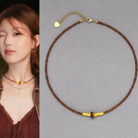 Retro Natuurlijke Tijgeroogsteen Kralenketting Voor Vrouwen Titanium Staal 18K Verguld Hart Hanger Verstelbare Sieraden