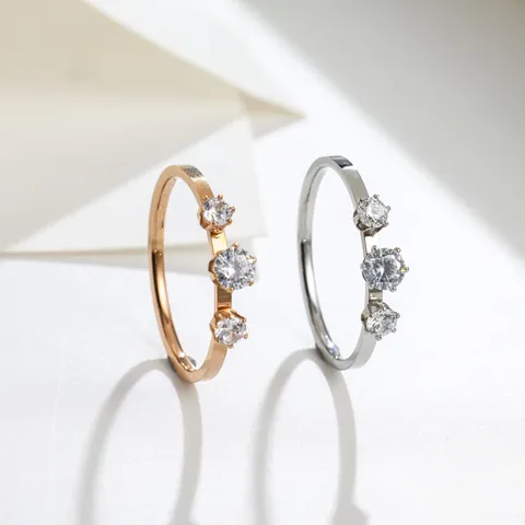 Minimalist Stainless Steel Three Stone Ring For Women Rose Gold Silver Color Geometric Rhinestone Finger Ring Daily Fashion Jewelry