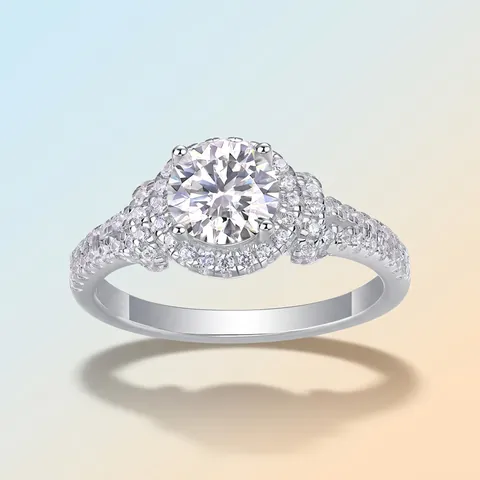 Luxury 925 Sterling Silver Moissanite Ring For Women Round Brilliant Cut Halo Ring With Side Stones Engagement Jewelry