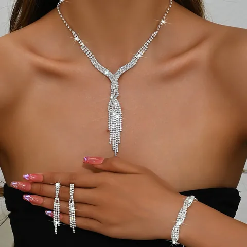 Luxury Rhinestone Jewelry Set Silver Tassel Necklace Bracelet Earrings For Wedding Banquet Prom Women Fashion Accessories