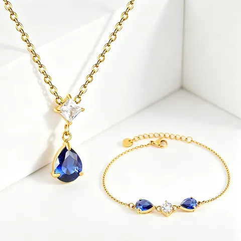 Lujo Acero Inoxidable Gota De Agua Zirconia Colgante Collar Pulsera Conjunto Chapado En Oro Joyería De Moda Para Mujer