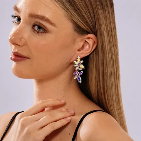 Elegant Aurora Colorful AB Rhinestone Leaf Stud Earrings For Women Alloy Silver Color Bridal Wedding Prom Party Jewelry