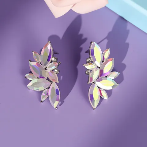 Elegant Aurora Colorful AB Rhinestone Leaf Stud Earrings For Women Alloy Silver Color Bridal Wedding Prom Party Jewelry