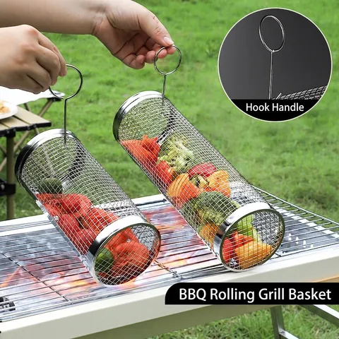 Stainless Steel Rolling Grill Basket Cylindrical Mesh Round Outdoor BBQ Picnic Camping Portable Cooking Tool