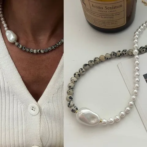 Vintage Baroque Pearl Dalmatian Jasper Stone Necklace Earrings Set For Women Stainless Steel Gold Plated Minimalist Jewelry