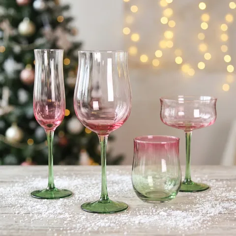 Vintage Tulpenform Verlauf Glaswaren Rosa Grün Handgefertigtes Bleifreies Rotwein Champagner Cocktail Wasserglas Für Hochzeitsfeier