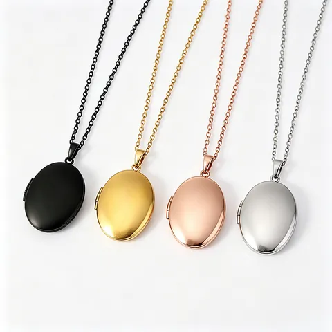Fashion Stainless Steel Oval Locket Necklace Smooth Plain Mirror Pendant Photo Memorial Necklace Jewelry For Men Women Unisex Gift