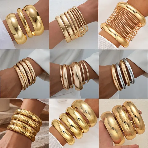 Minimalist Chunky Round Tube Metal Bangle Set For Women High Polished Smooth Alloy Metallic Fashion Jewelry Bracelet Gift