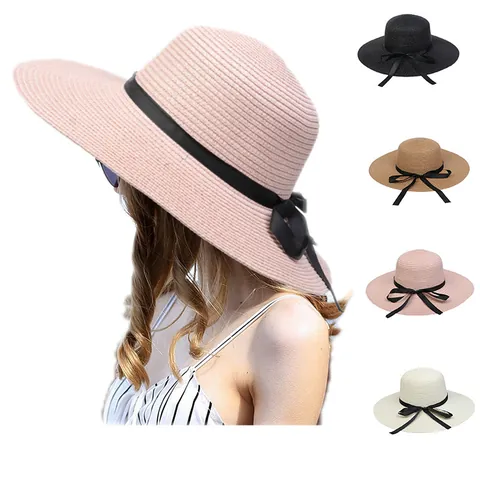 Women Elegant Large Brim Straw Hat Sun Protection Beach Hat With Decorative Ribbon Bow For Summer Vacation Holiday Travel