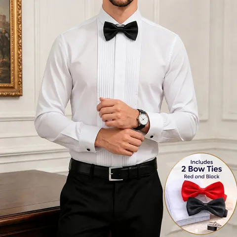 Men Formal Tuxedo Shirt With Wing Collar And Bow Tie Cufflinks Pleated Front Long Sleeve Cotton Blend Top For Wedding Banquet Performance