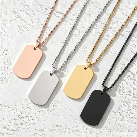 Minimalist Stainless Steel Blank Dog Tag Pendant Necklace Electroplated Rectangular Geometric Pendant Box Chain Necklace For Men Women Everyday Jewelry Gift