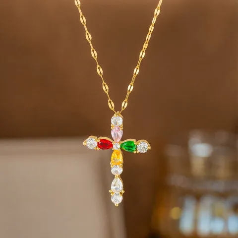 Titanium Steel Rhinestone Cross Pendant Necklace For Women Elegant Fashion Chic Jewelry Gold Silver Plated Cross Necklace