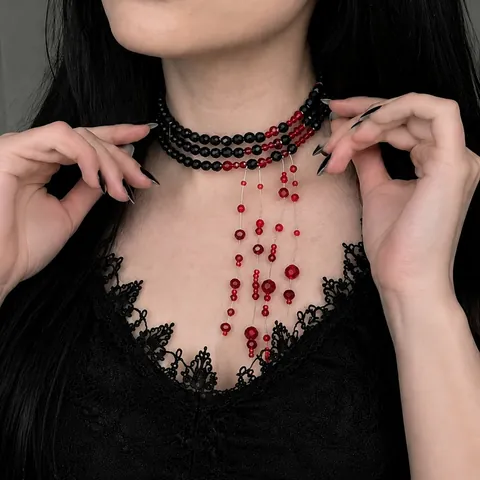 Γοτθικό Κολιέ Choker με Σταγόνα Αίματος για Γυναίκες Μαύρες Χάντρες με Φούντα Κοσμήματα Χάλοουιν Διακόσμηση Πάρτι Κολιέ