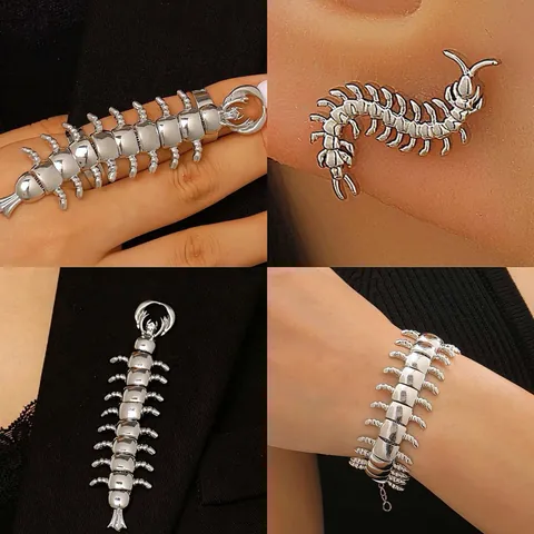 Vintage Punk Centipede Stud Earrings Bracelet For Women Men Retro Copper Animal Insect Jewelry With Stainless Steel Earring Post Gold Silver Plated Gothic Style Accessories